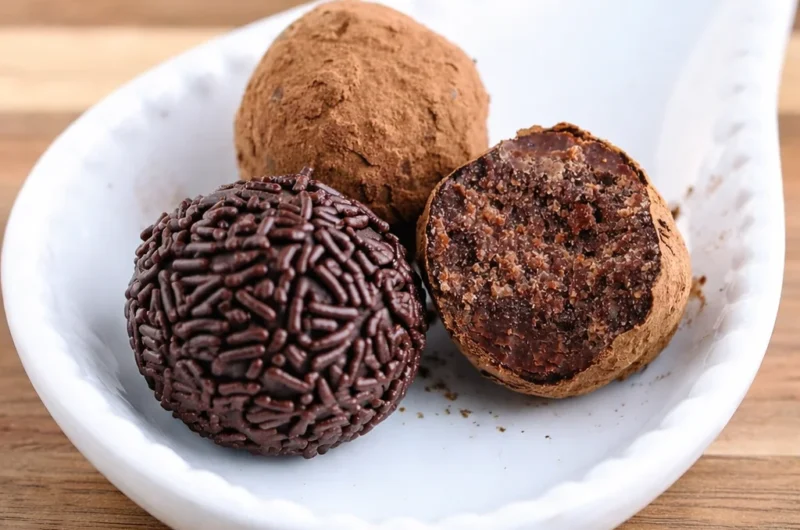 Delicious traditional German Rum Balls (Rumkugeln) decorated with chocolate sprinkles.