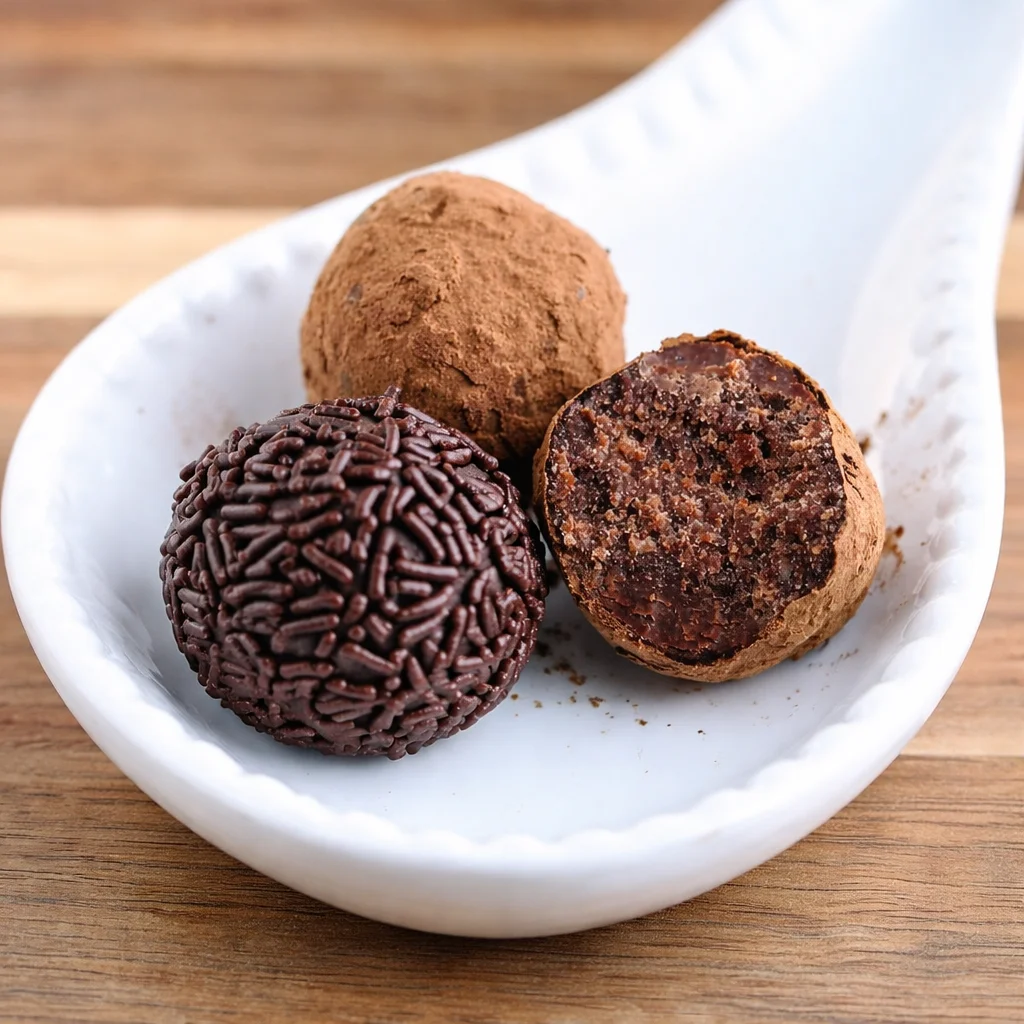 Delicious traditional German Rum Balls (Rumkugeln) decorated with chocolate sprinkles.