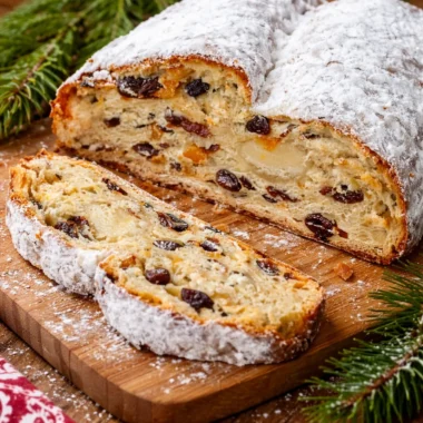 Delicious German Nut Stollen, a festive holiday bread recipe with nutty filling.