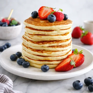 Delicious fluffy American pancakes topped with fresh berries and syrup.