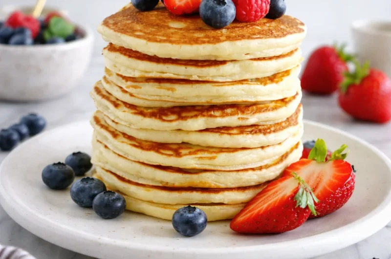 Delicious fluffy American pancakes topped with fresh berries and syrup.