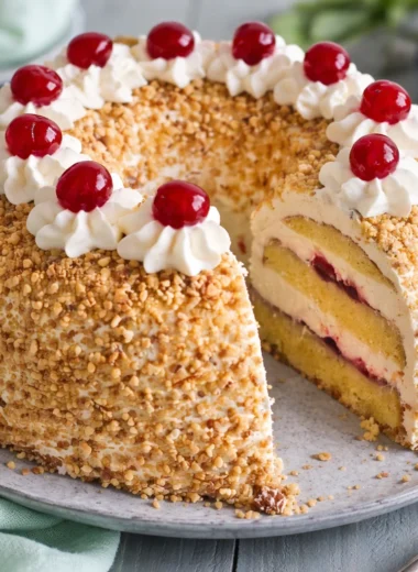 Slice of Frankfurter Kranz, a German Crown Cake filled with buttercream and jam.