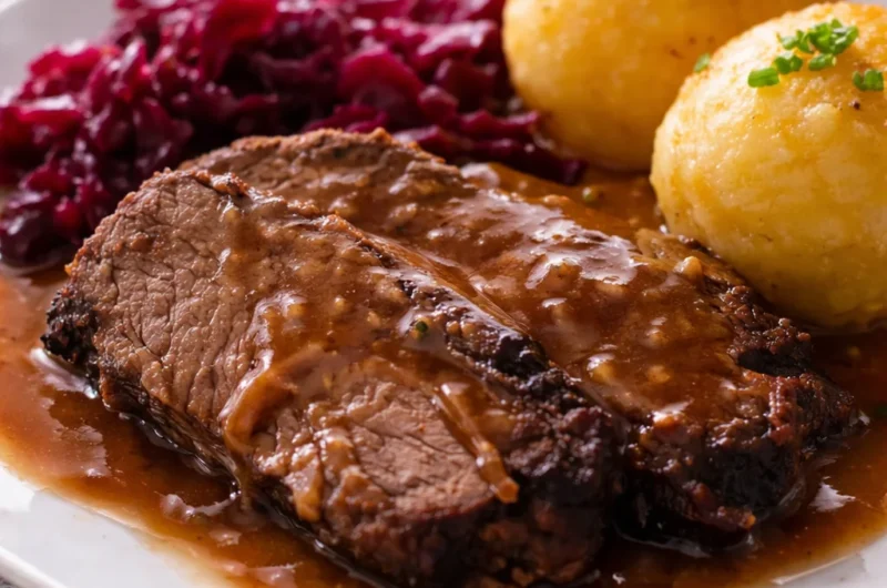 Traditional Sauerbraten served with sweet and sour gravy on a plate.