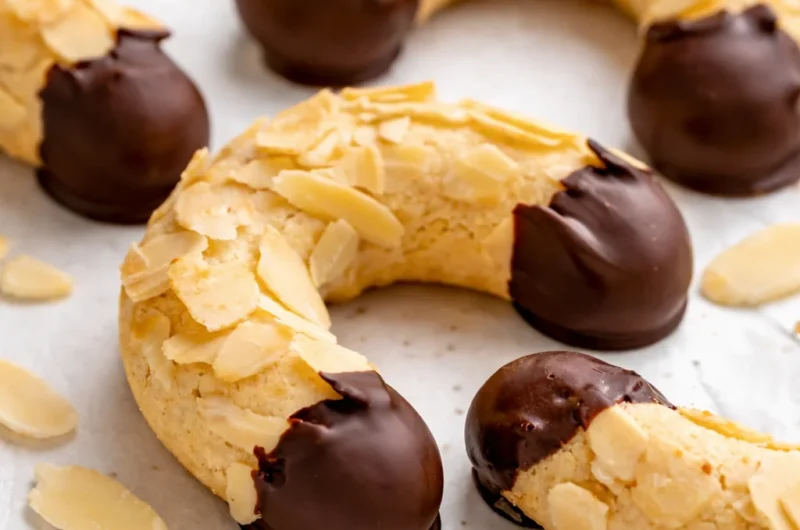 Traditional German Almond Horns (Mandelhörnchen) cookies dipped in chocolate.