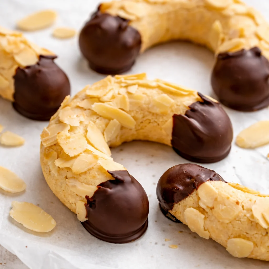 Traditional German Almond Horns (Mandelhörnchen) cookies dipped in chocolate.