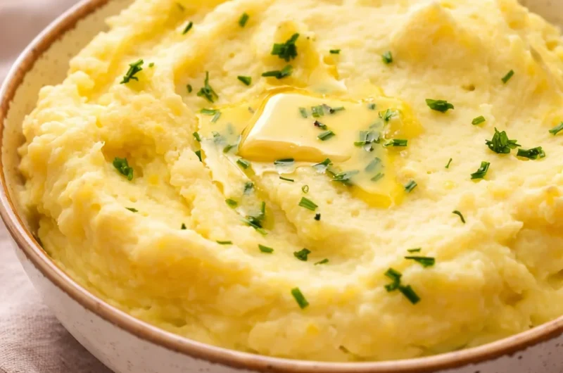 Delicious creamy mashed potatoes served for 8 people, ready to enjoy.