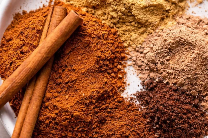 Homemade pumpkin pie spice mix with cinnamon, ginger, nutmeg, and cloves.