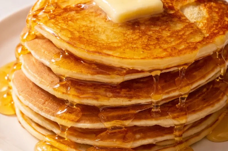 Delicious stack of fluffy homemade pancakes served with fresh fruits on a plate.
