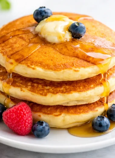 Fluffy pancakes stacked on a plate with syrup and berries, showcasing a delicious pancake recipe.
