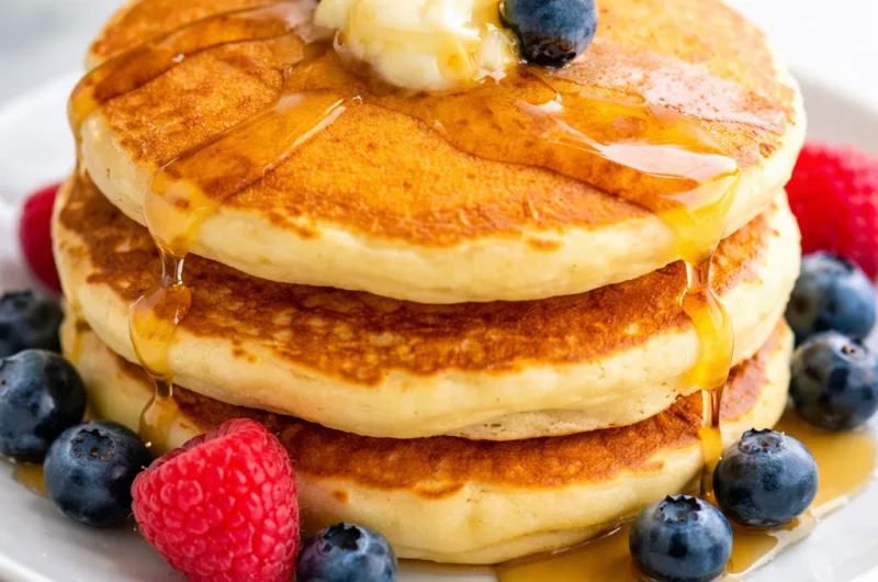 Fluffy pancakes stacked on a plate with syrup and berries, showcasing a delicious pancake recipe.