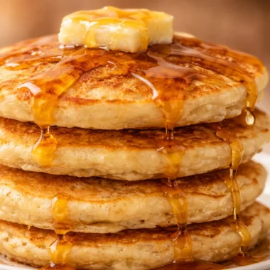 Delicious thick and fluffy pancakes stacked on a plate with syrup