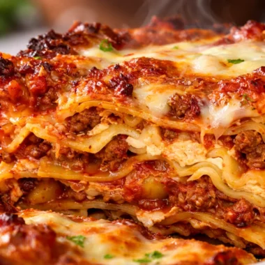 Delicious easy meat lasagna with layers of beef, cheese, and pasta ready to be served.