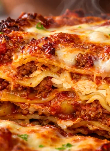 Delicious easy meat lasagna with layers of beef, cheese, and pasta ready to be served.