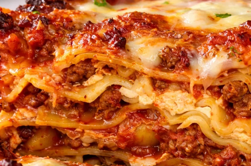 Delicious easy meat lasagna with layers of beef, cheese, and pasta ready to be served.