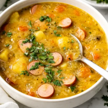 A bowl of Traditional German Potato Soup (Kartoffelsuppe) with bacon and vegetables.