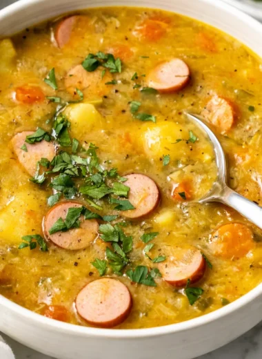 A bowl of Traditional German Potato Soup (Kartoffelsuppe) with bacon and vegetables.