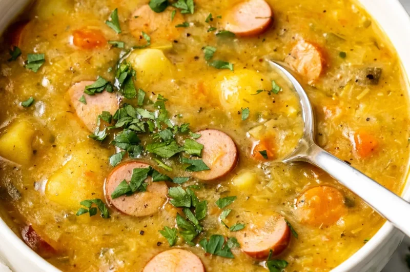 A bowl of Traditional German Potato Soup (Kartoffelsuppe) with bacon and vegetables.