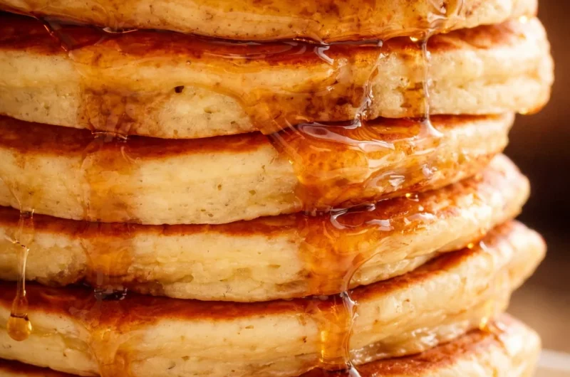 Delicious homemade fluffy pancakes served with syrup and fresh berries.