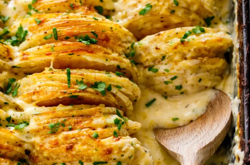 Delicious cheesy scalloped potatoes baked in creamy cheese sauce.