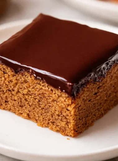 Traditional German Honey Cake (Honigkuchen) topped with chocolate glaze and apricot jam.