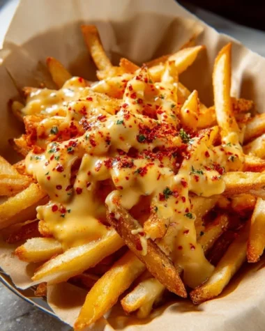 Delicious Louisiana Voodoo Fries piled high with toppings and seasonings