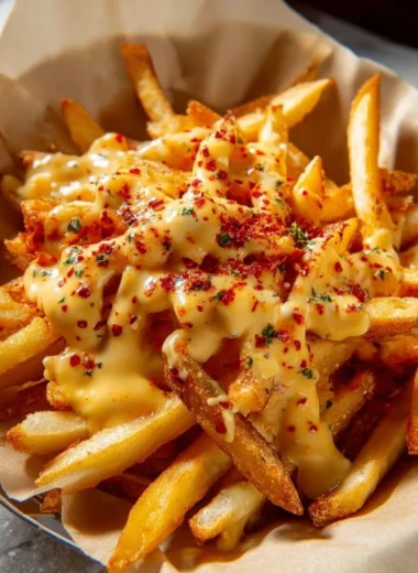 Delicious Louisiana Voodoo Fries piled high with toppings and seasonings