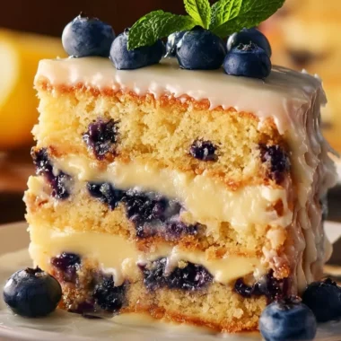 Delicious lemon blueberry layer cake with fresh blueberries and lemon zest