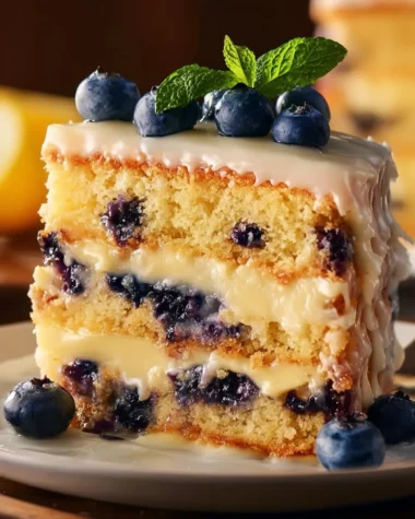 Delicious lemon blueberry layer cake with fresh blueberries and lemon zest