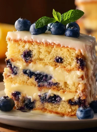 Delicious lemon blueberry layer cake with fresh blueberries and lemon zest
