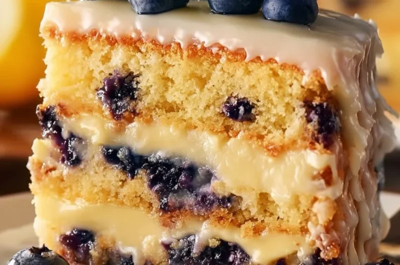 Delicious lemon blueberry layer cake with fresh blueberries and lemon zest