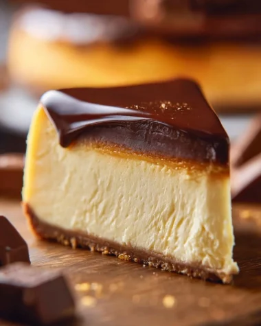 Luxurious Millionaire Cheesecake topped with chocolate and caramel drizzles