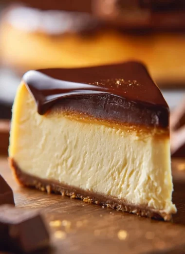 Luxurious Millionaire Cheesecake topped with chocolate and caramel drizzles