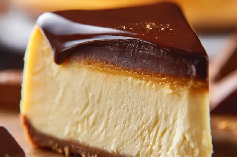 Luxurious Millionaire Cheesecake topped with chocolate and caramel drizzles