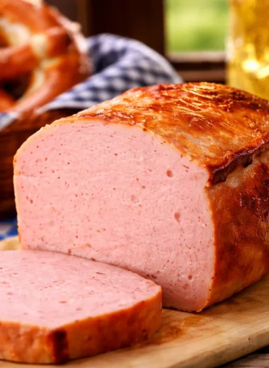 Authentic Leberkäse Recipe, Bavarian meatloaf served with traditional sides.