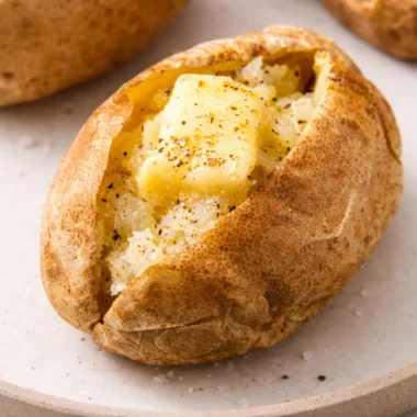 A perfectly cooked microwave baked potato with a fluffy interior and crispy skin.