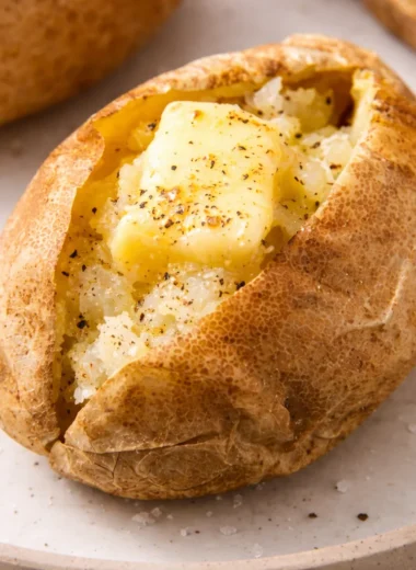 A perfectly cooked microwave baked potato with a fluffy interior and crispy skin.