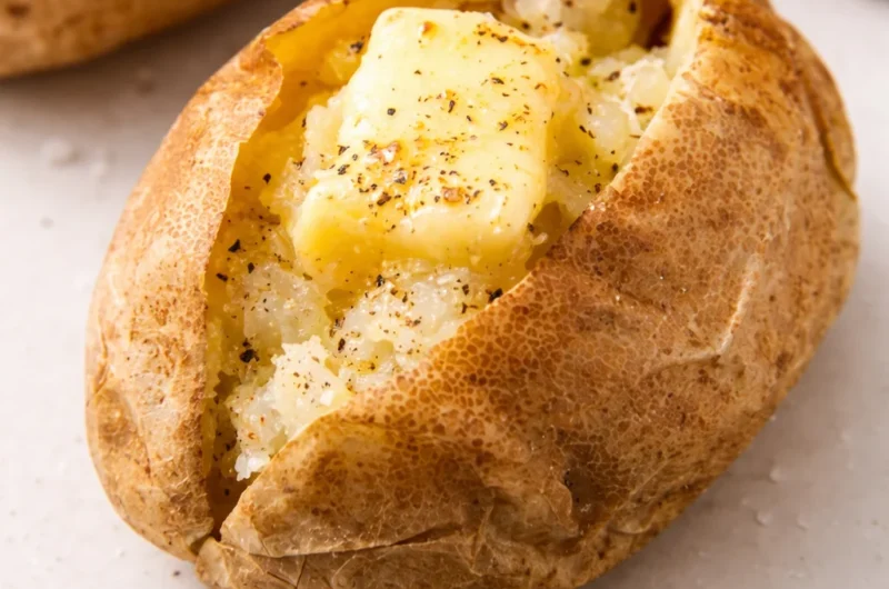 A perfectly cooked microwave baked potato with a fluffy interior and crispy skin.
