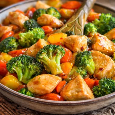 Colorful vegetable stir fry with chicken in a savory sauce served in a bowl.