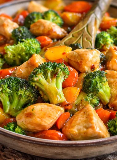 Colorful vegetable stir fry with chicken in a savory sauce served in a bowl.