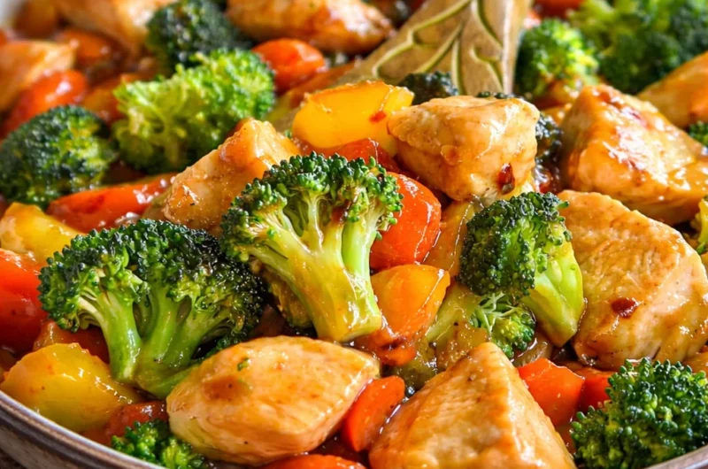Colorful vegetable stir fry with chicken in a savory sauce served in a bowl.
