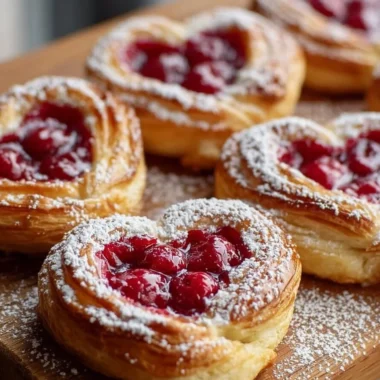Freshly baked Raspberry Heart Danishes with flaky pastry and raspberry filling.