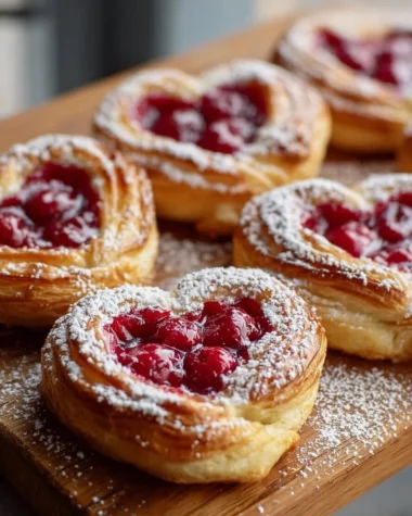Freshly baked Raspberry Heart Danishes with flaky pastry and raspberry filling.