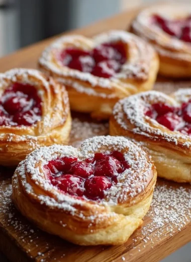 Freshly baked Raspberry Heart Danishes with flaky pastry and raspberry filling.