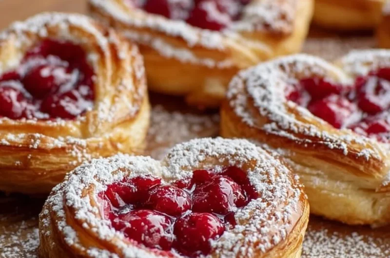 Freshly baked Raspberry Heart Danishes with flaky pastry and raspberry filling.