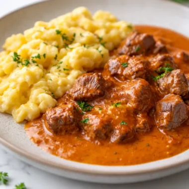 Delicious Traditional Rahmgulasch Recipe featuring creamy German goulash with tender beef.