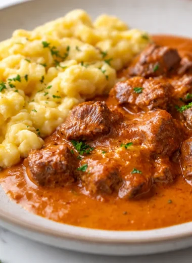 Delicious Traditional Rahmgulasch Recipe featuring creamy German goulash with tender beef.