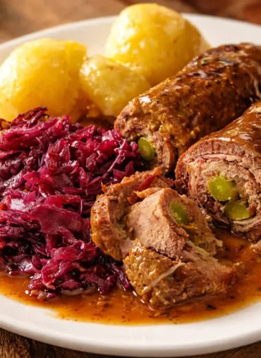Delicious authentic German Rouladen made with beef, mustard, bacon, and pickles.