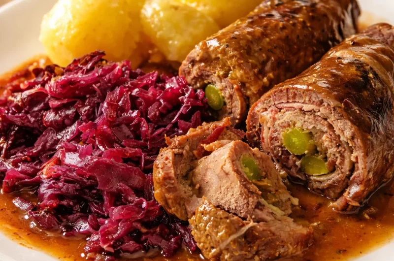 Delicious authentic German Rouladen made with beef, mustard, bacon, and pickles.