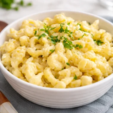 Homemade Authentic German Spätzle served with mushroom gravy.