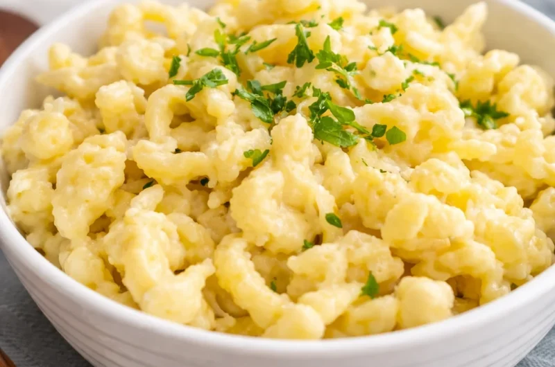 Homemade Authentic German Spätzle served with mushroom gravy.